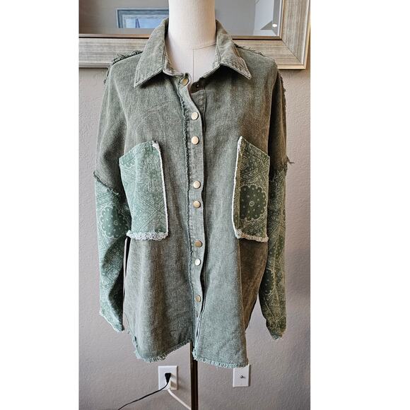 Oli and Hali Green Patchwork Jacket Women's Shacket Sz S Mixed Fabric Snap Front - Picture 1 of 4